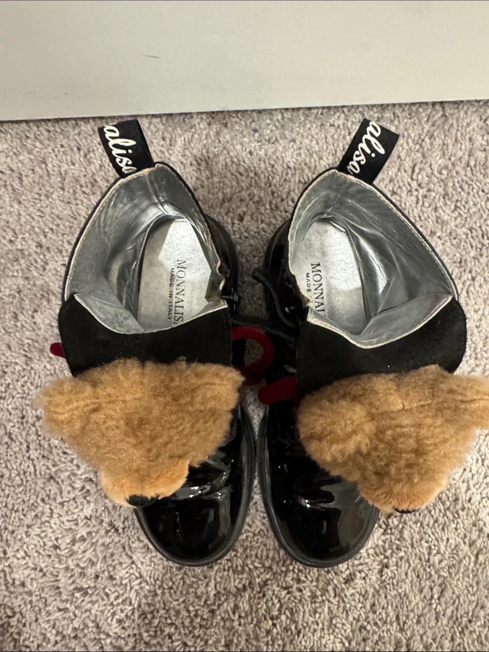 MonnaLisa Black Patent Kids Boots with Red Bow & Teddy Faces